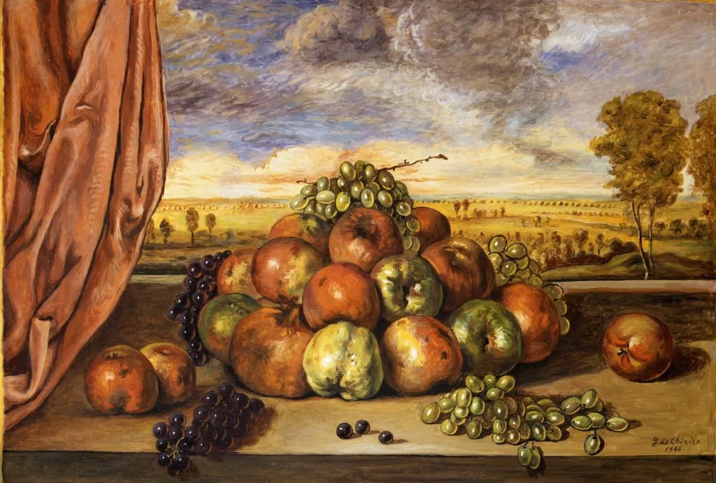 Giorgio De Chirico - 138, Natura morta, Frutta nel paesaggio con tenda rossa, 1946, Fondazione Giorgio e Isa de Chirico, Roma
